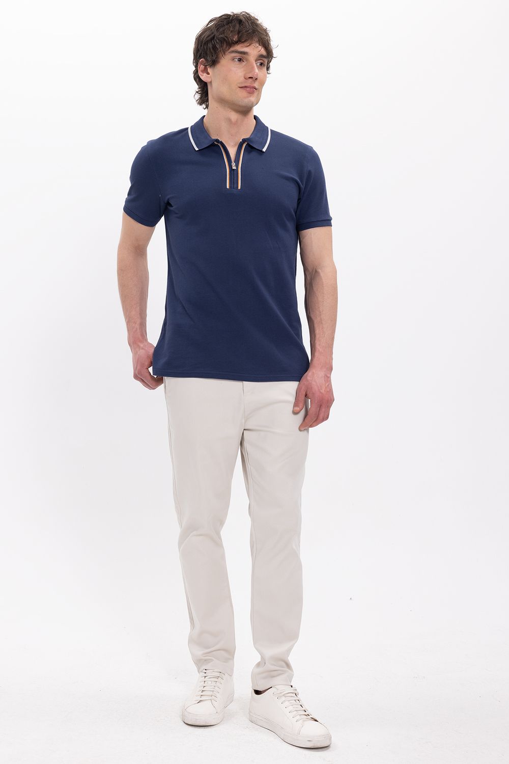 Erkek Slim Fit Dar Kesim %100 Pamuk Kısa Kollu Yarım Fermuarlı Lacivert Polo Yaka Tişört