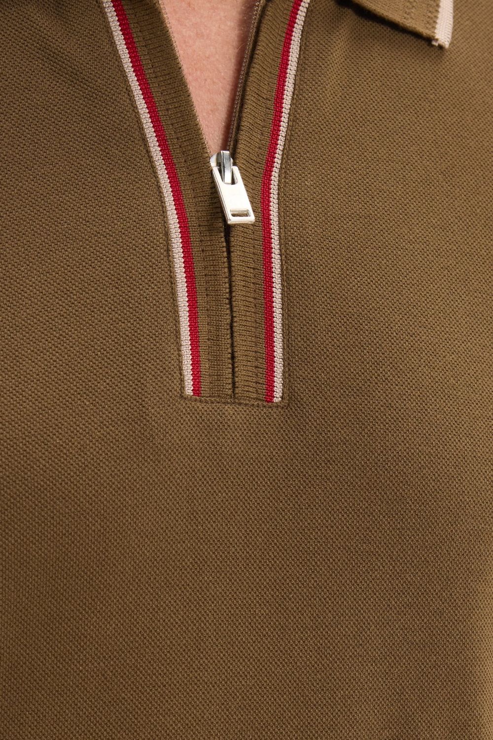 Erkek Slim Fit Dar Kesim %100 Pamuk Kısa Kollu Yarım Fermuarlı Vizon Polo Yaka Tişört