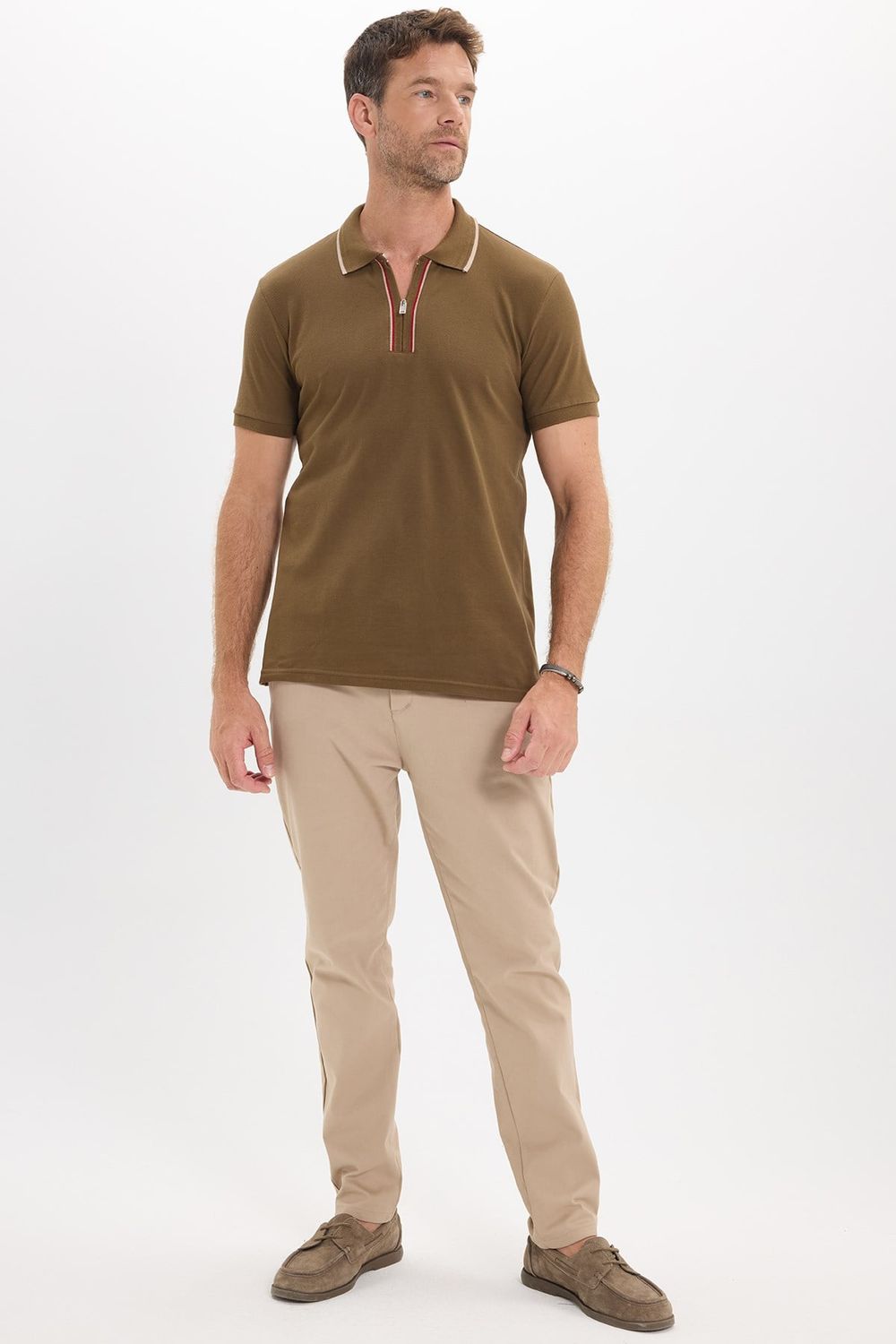 Erkek Slim Fit Dar Kesim %100 Pamuk Kısa Kollu Yarım Fermuarlı Vizon Polo Yaka Tişört