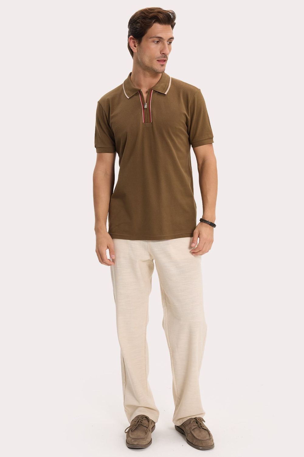 Erkek Slim Fit Dar Kesim %100 Pamuk Kısa Kollu Yarım Fermuarlı Vizon Polo Yaka Tişört