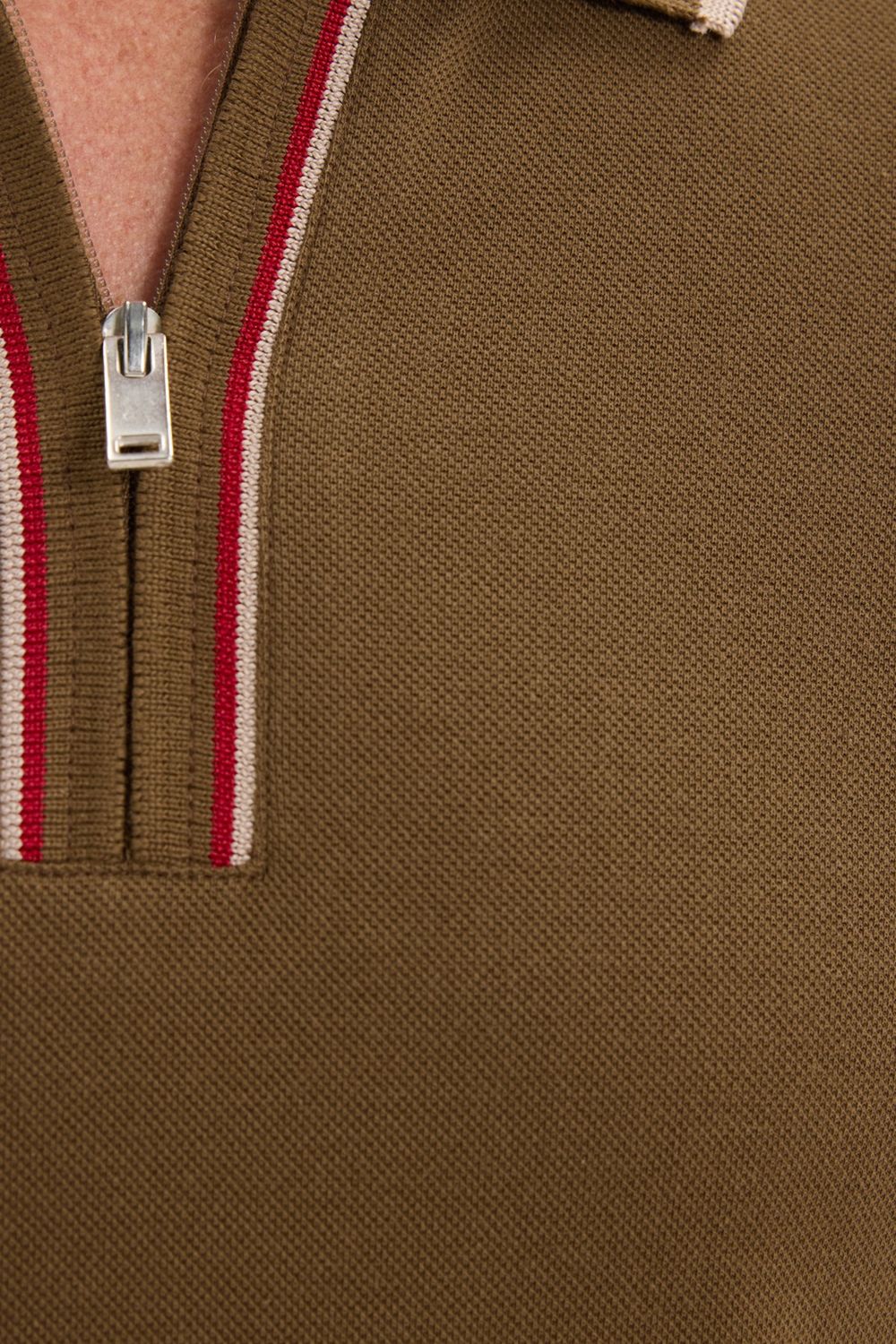 Erkek Slim Fit Dar Kesim %100 Pamuk Kısa Kollu Yarım Fermuarlı Vizon Polo Yaka Tişört