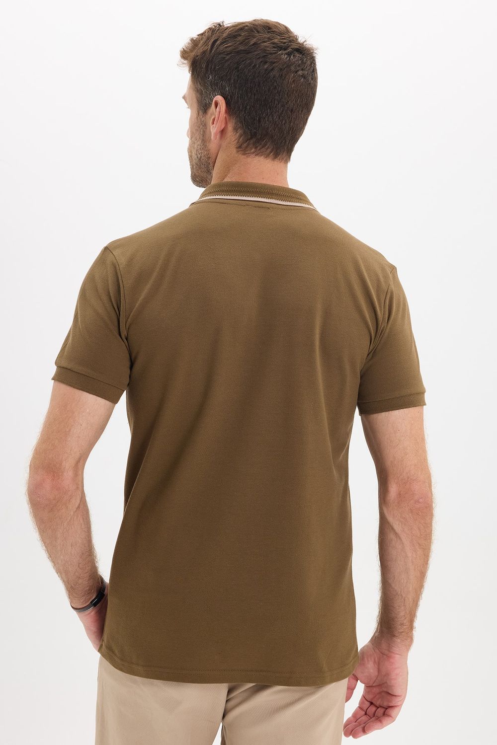 Erkek Slim Fit Dar Kesim %100 Pamuk Kısa Kollu Yarım Fermuarlı Vizon Polo Yaka Tişört