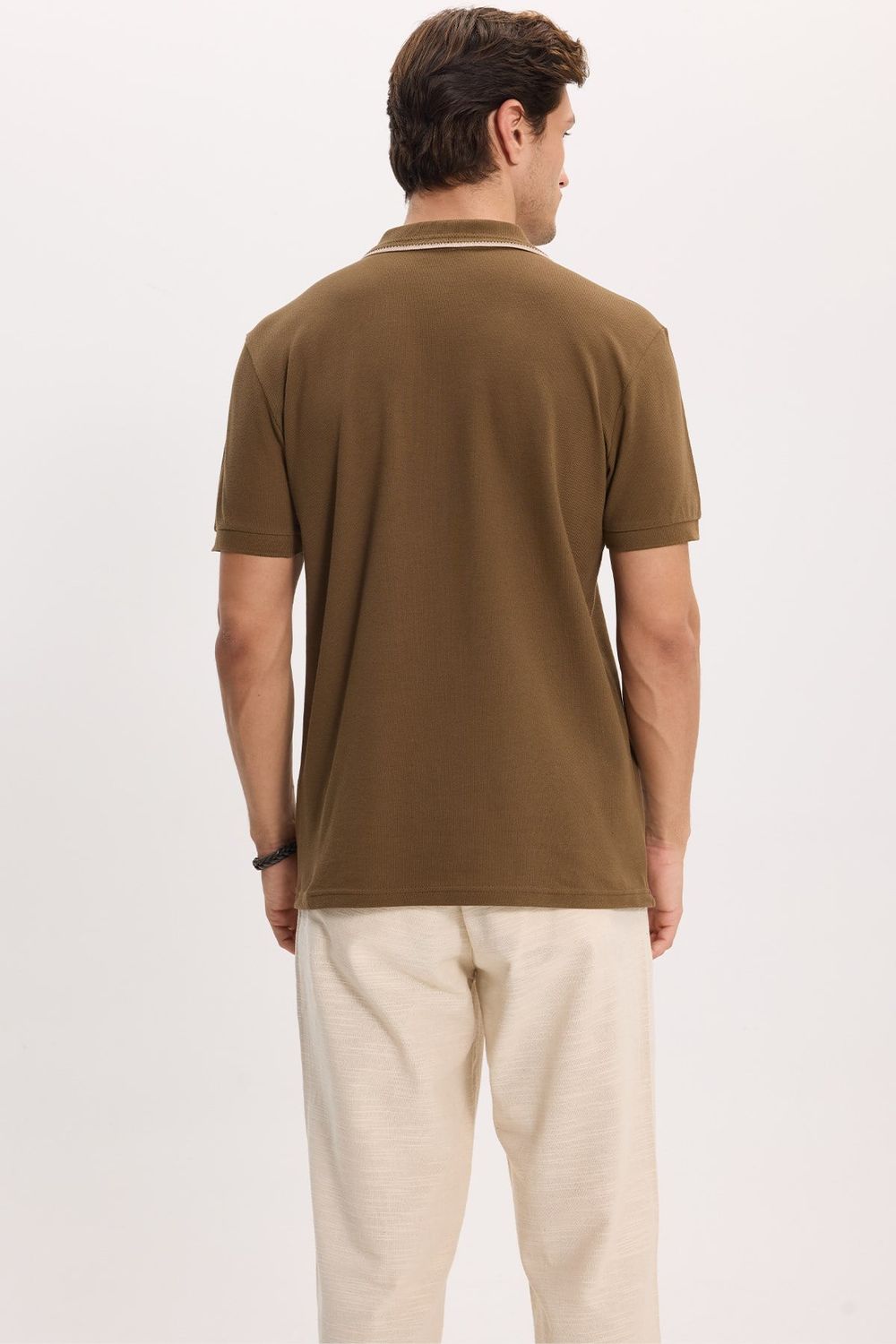 Erkek Slim Fit Dar Kesim %100 Pamuk Kısa Kollu Yarım Fermuarlı Vizon Polo Yaka Tişört