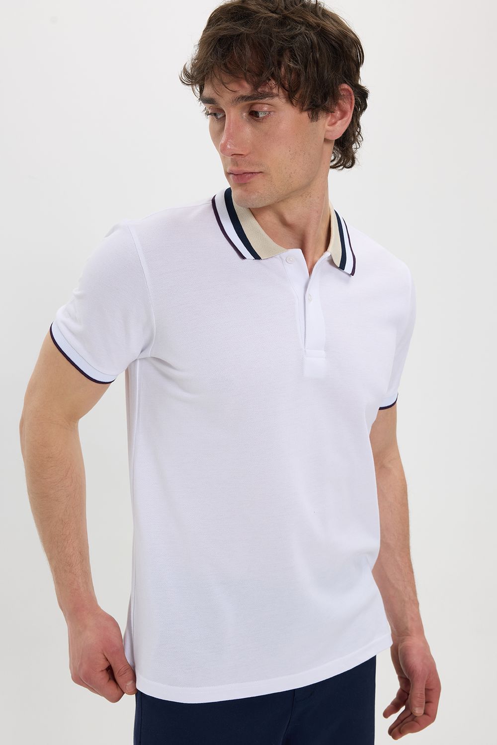 Erkek Slim Fit Dar Kesim %100 Pamuk Beyaz Polo Yaka Tişört