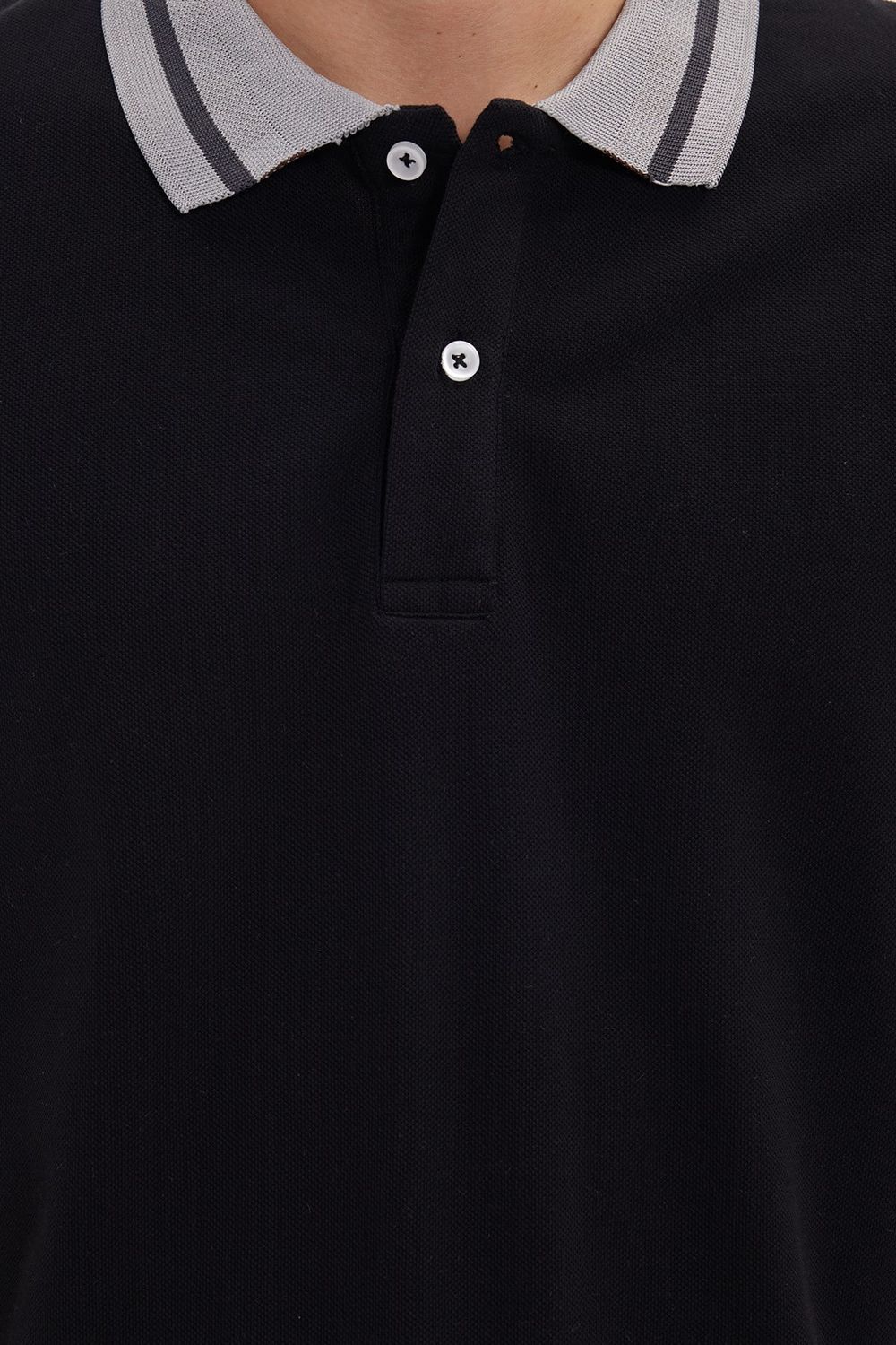 Erkek Slim Fit Dar Kesim %100 Pamuk Düz Pike Yaka ve Kol Detaylı Siyah Polo Yaka Tişört