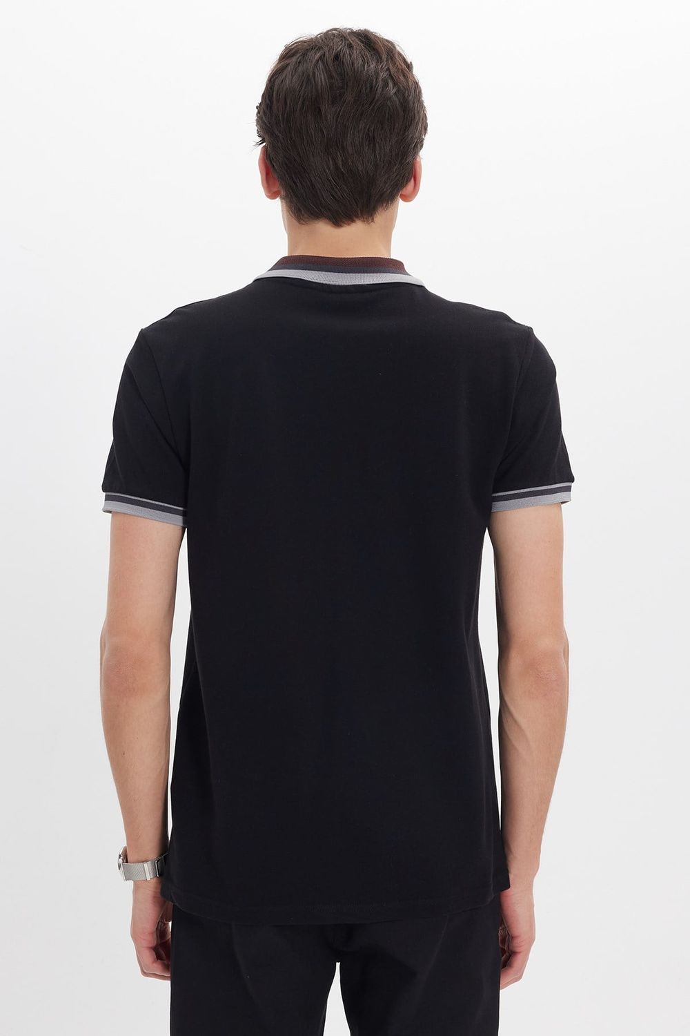 Erkek Slim Fit Dar Kesim %100 Pamuk Düz Pike Yaka ve Kol Detaylı Siyah Polo Yaka Tişört