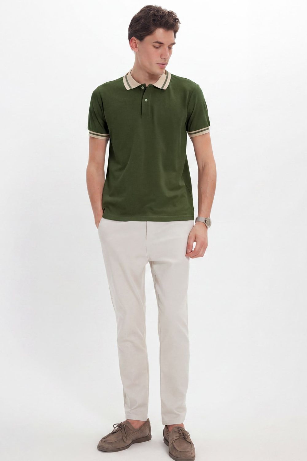 Erkek Slim Fit Dar Kesim %100 Pamuk Düz Pike Yaka ve Kol Detaylı Haki Polo Yaka Tişört