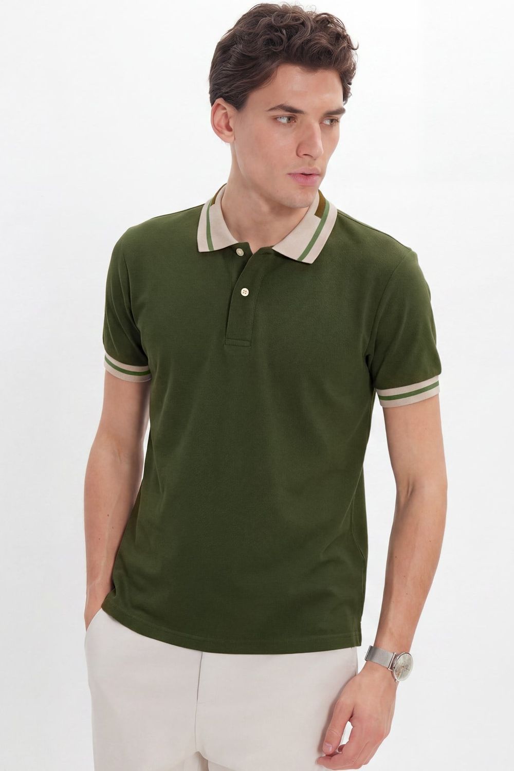 Erkek Slim Fit Dar Kesim %100 Pamuk Düz Pike Yaka ve Kol Detaylı Haki Polo Yaka Tişört