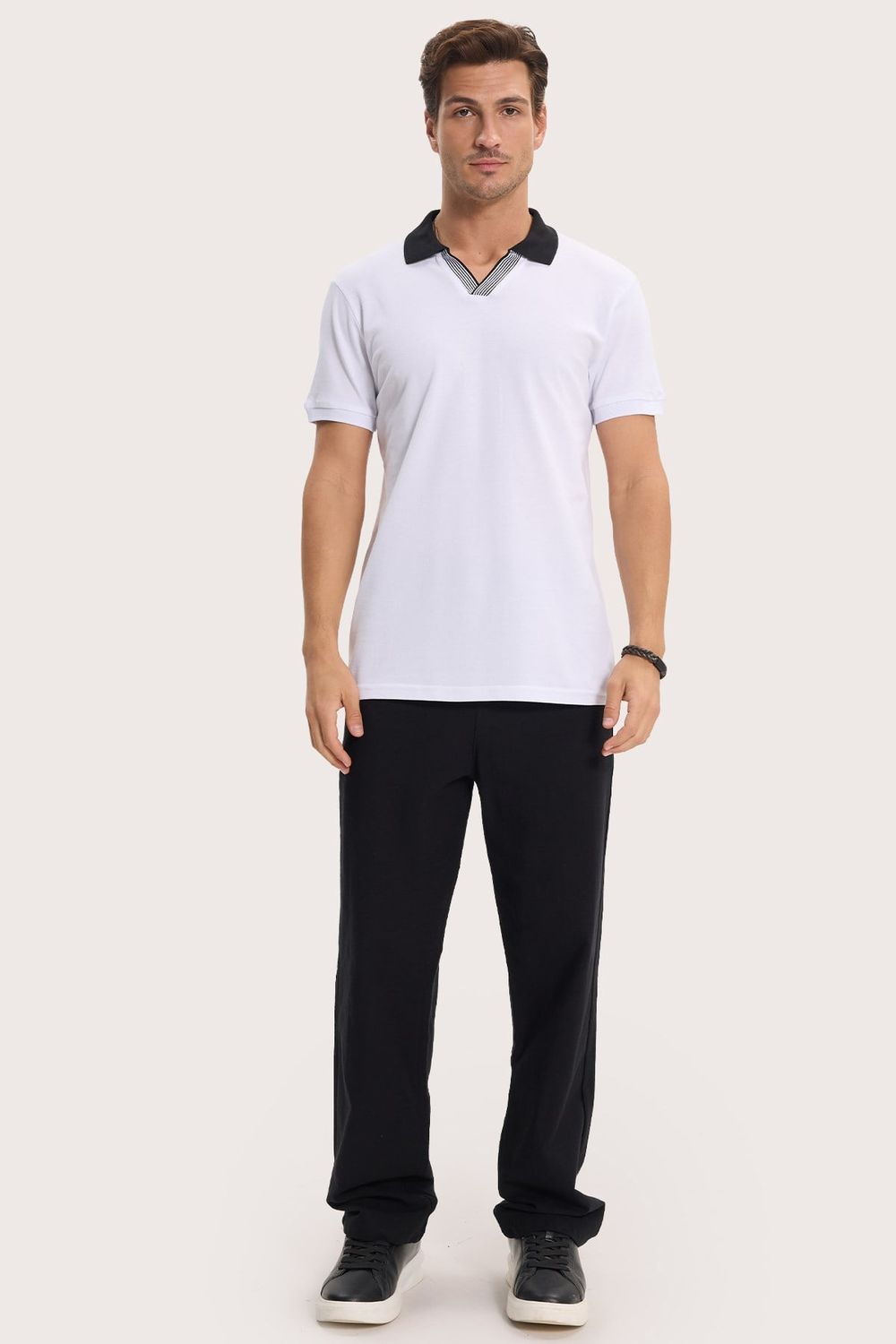 Erkek Slim Fit Dar Kesim %100 Pamuk Beyaz Polo Yaka Tişört