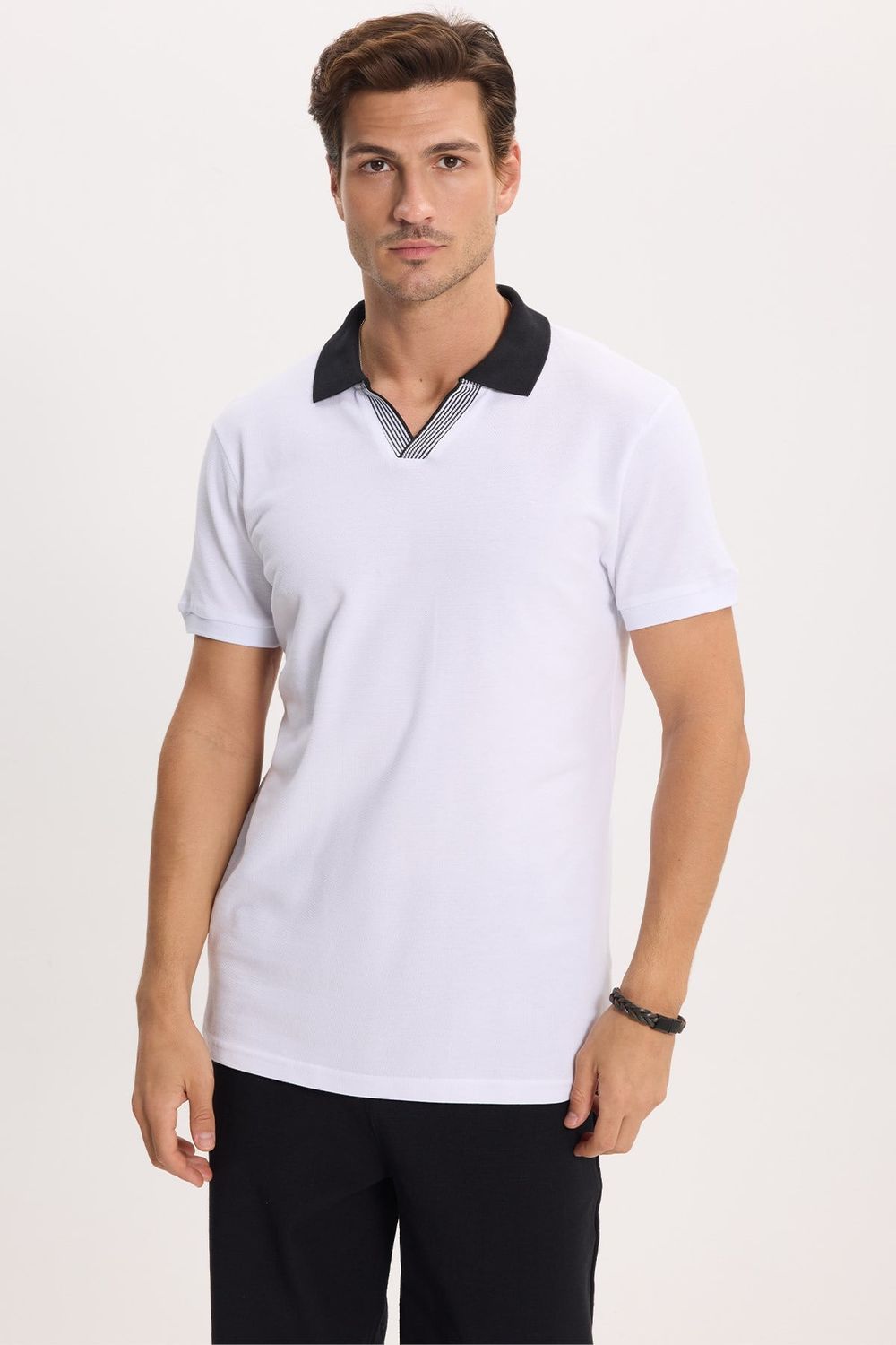 Erkek Slim Fit Dar Kesim %100 Pamuk Beyaz Polo Yaka Tişört
