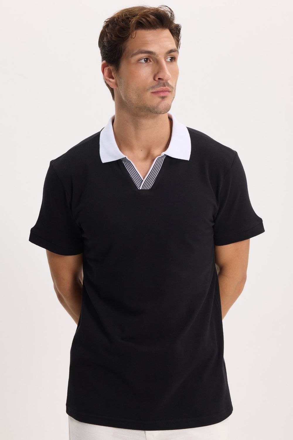 Erkek Slim Fit Dar Kesim %100 Pamuk Siyah Polo Yaka Tişört