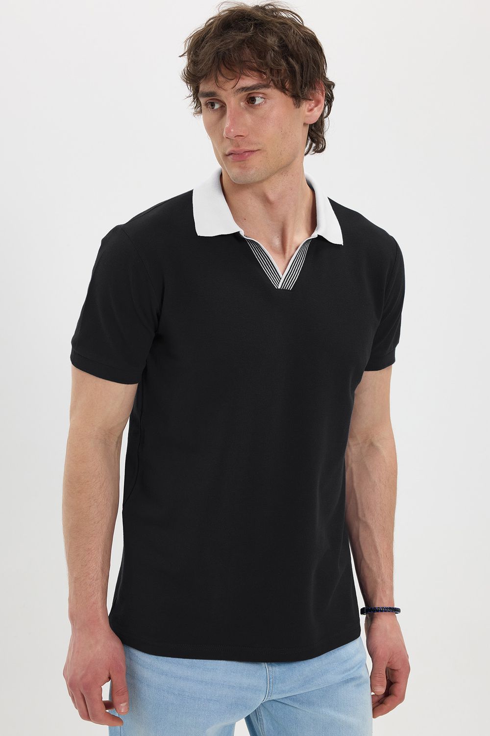 Erkek Slim Fit Dar Kesim %100 Pamuk Koyu Siyah Polo Yaka Tişört