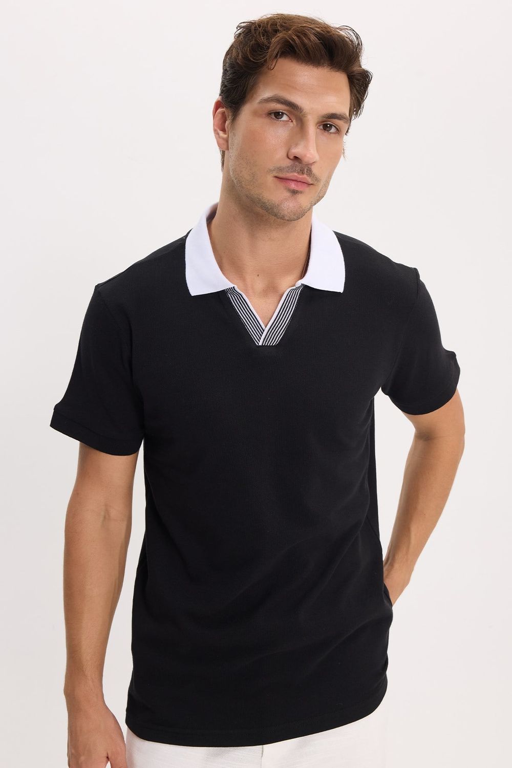 Erkek Slim Fit Dar Kesim %100 Pamuk Siyah Polo Yaka Tişört