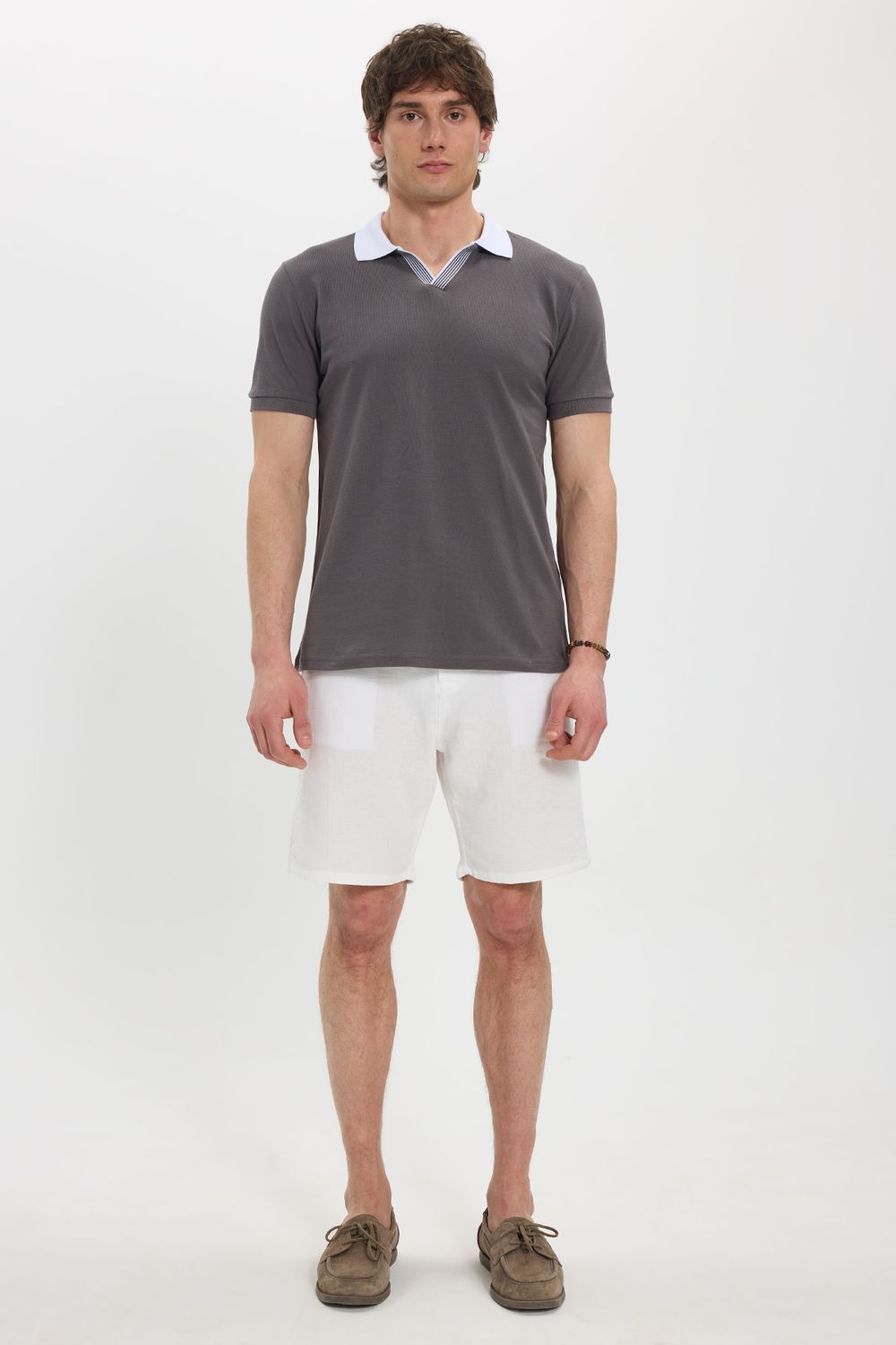 Erkek Slim Fit Dar Kesim %100 Pamuk Koyu Gri Polo Yaka Tişört