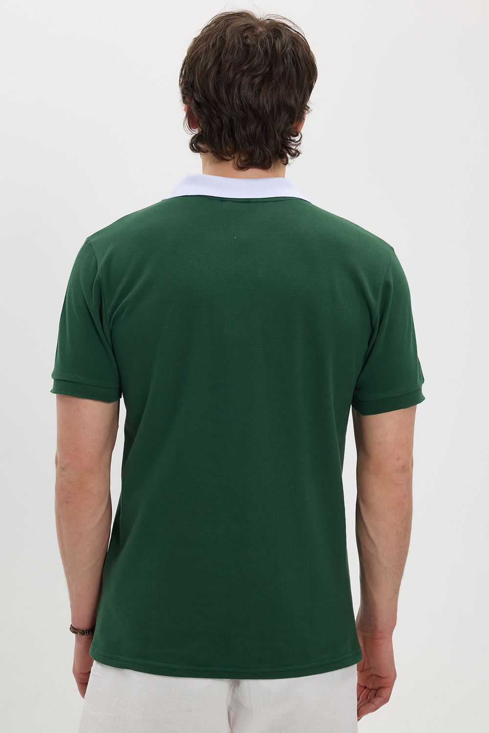 Erkek Slim Fit Dar Kesim %100 Pamuk Koyu Yeşil Polo Yaka Tişört