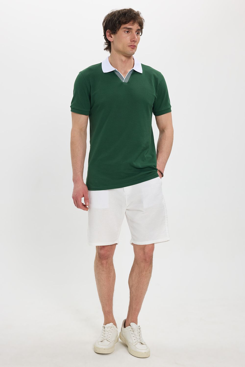 Erkek Slim Fit Dar Kesim %100 Pamuk Koyu Yeşil Polo Yaka Tişört