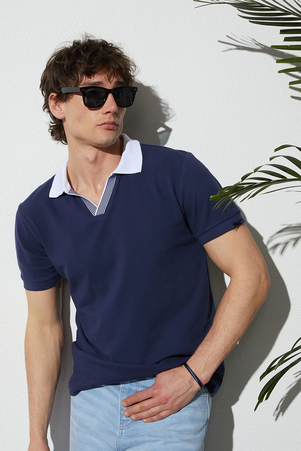 Erkek Slim Fit Dar Kesim %100 Pamuk Lacivert Polo Yaka Tişört