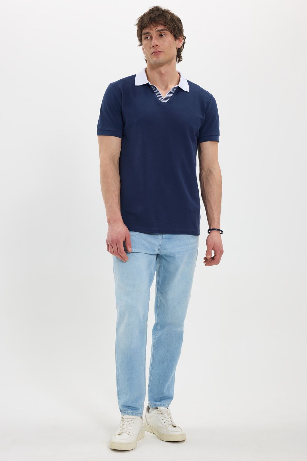 Erkek Slim Fit Dar Kesim %100 Pamuk Lacivert Polo Yaka Tişört