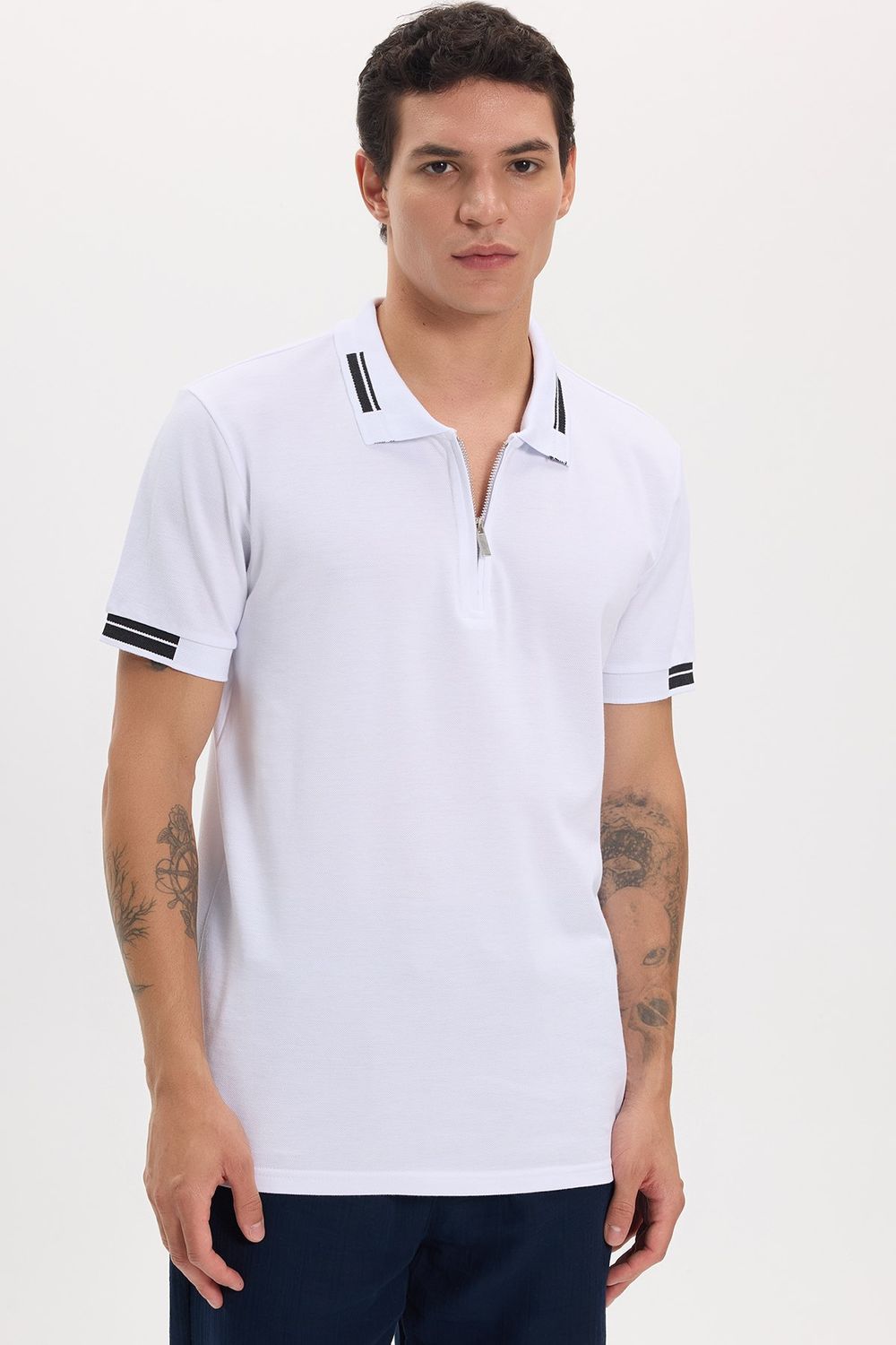 Erkek Slim Fit Dar Kesim %100 Pamuk Kısa Kollu Fermuarlı Beyaz Polo Yaka Tişört
