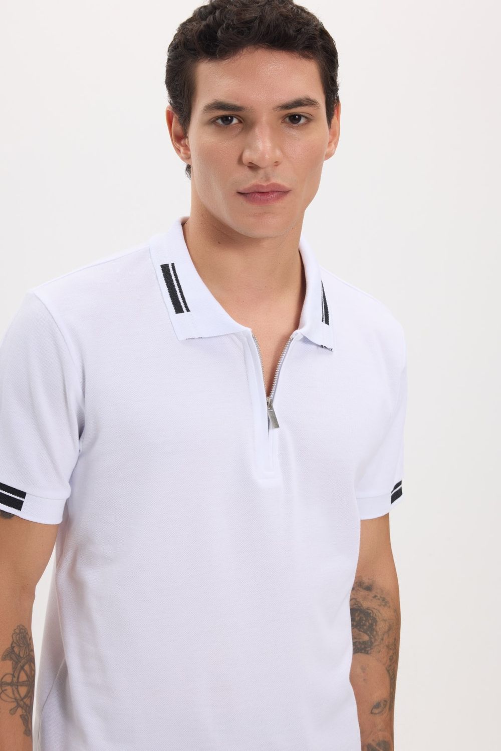 Erkek Slim Fit Dar Kesim %100 Pamuk Kısa Kollu Fermuarlı Beyaz Polo Yaka Tişört