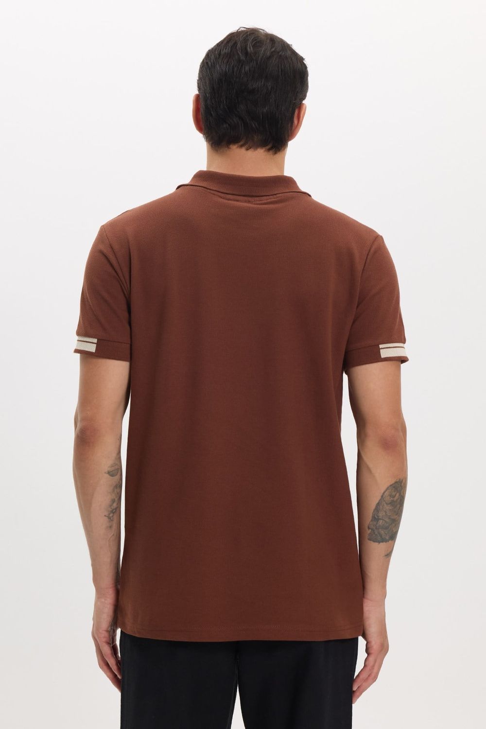 Erkek Slim Fit Dar Kesim %100 Pamuk Kısa Kollu Fermuarlı Kahverengi Polo Yaka Tişört