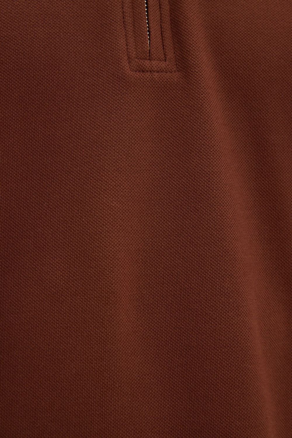 Erkek Slim Fit Dar Kesim %100 Pamuk Kısa Kollu Fermuarlı Kahverengi Polo Yaka Tişört