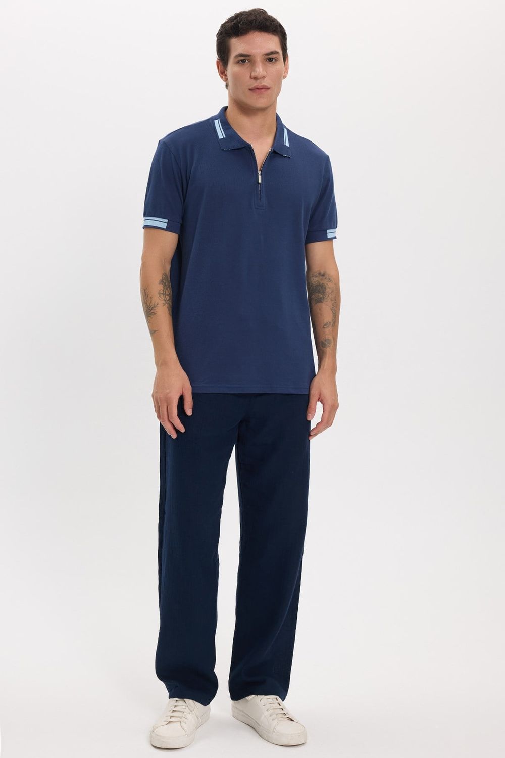 Erkek Slim Fit Dar Kesim %100 Pamuk Kısa Kollu Fermuarlı Lacivert Polo Yaka Tişört