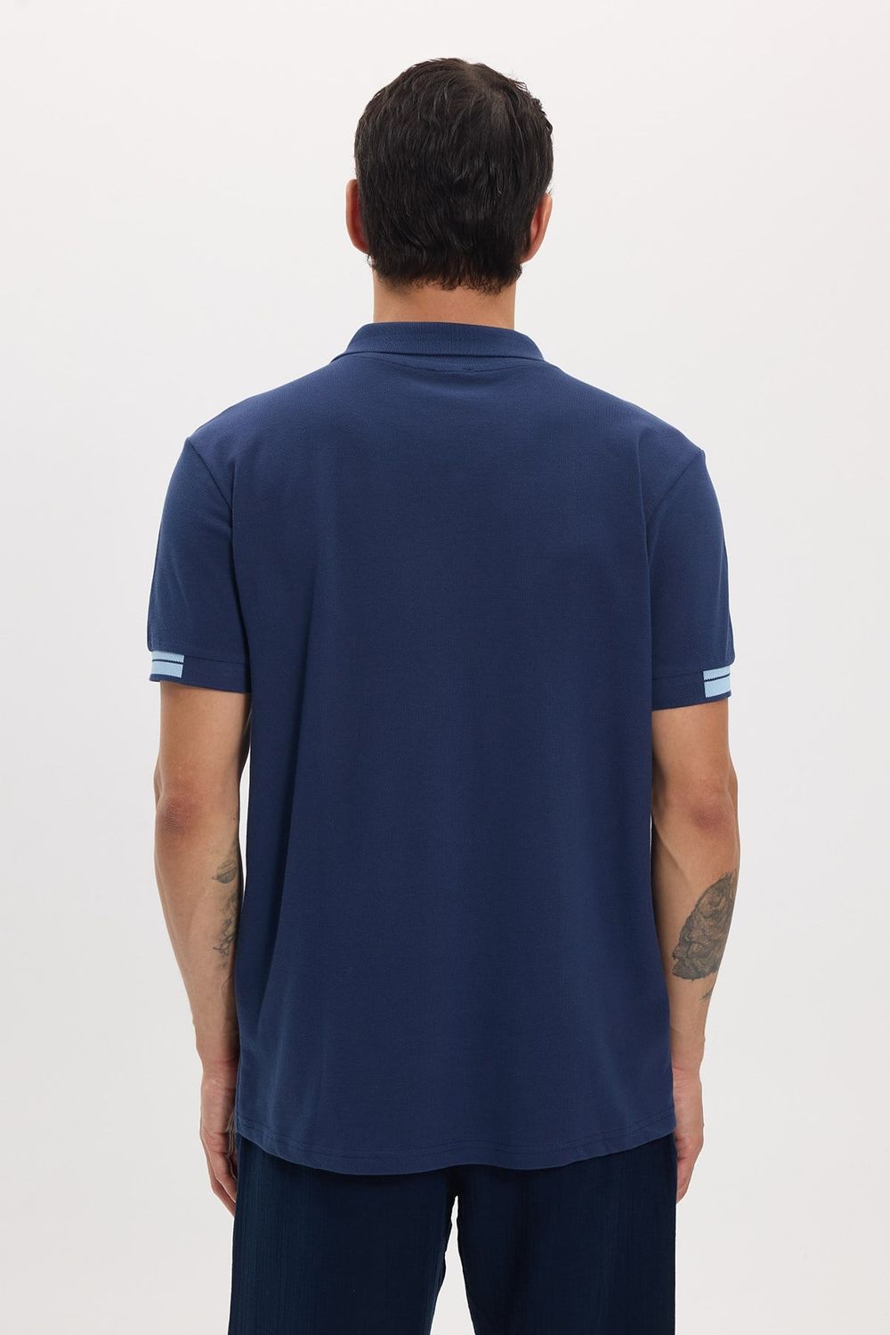 Erkek Slim Fit Dar Kesim %100 Pamuk Kısa Kollu Fermuarlı Lacivert Polo Yaka Tişört