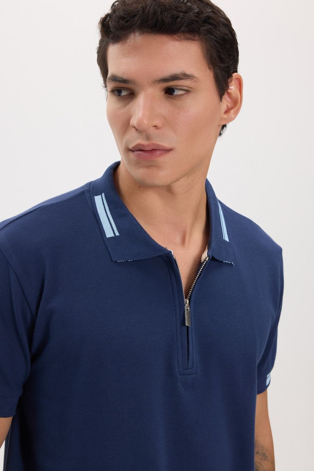 Erkek Slim Fit Dar Kesim %100 Pamuk Kısa Kollu Fermuarlı Lacivert Polo Yaka Tişört