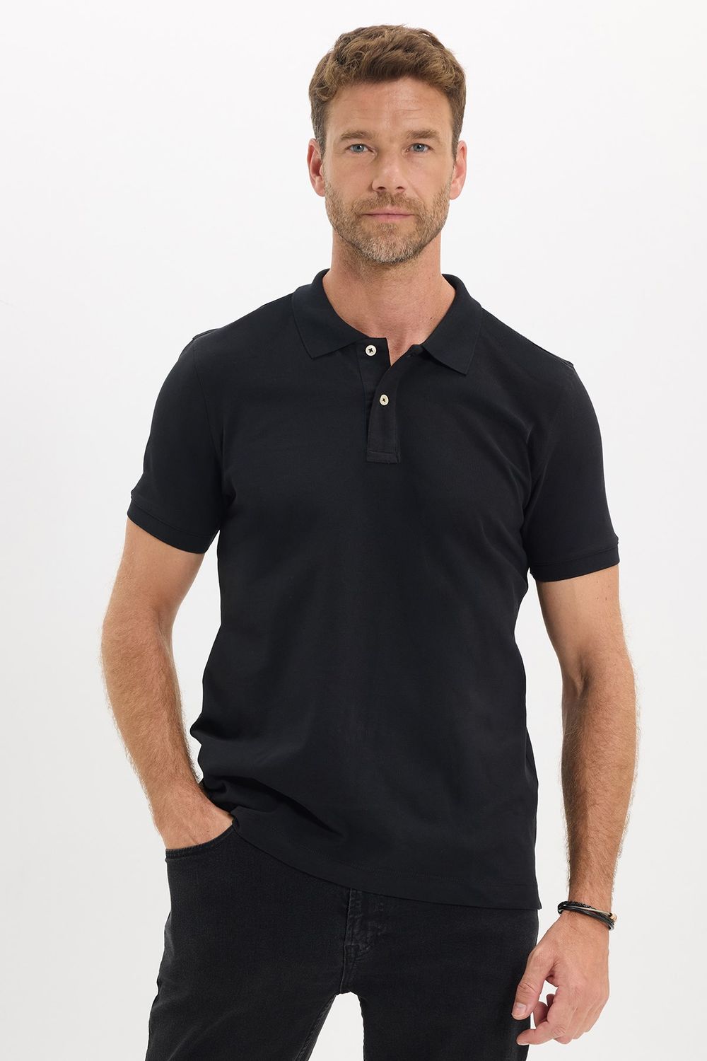 Erkek Slim Fit Dar Kesim Premium Seri %100 Pamuk Yumuşak Dokulu Merserize Siyah Polo Yaka Tişört