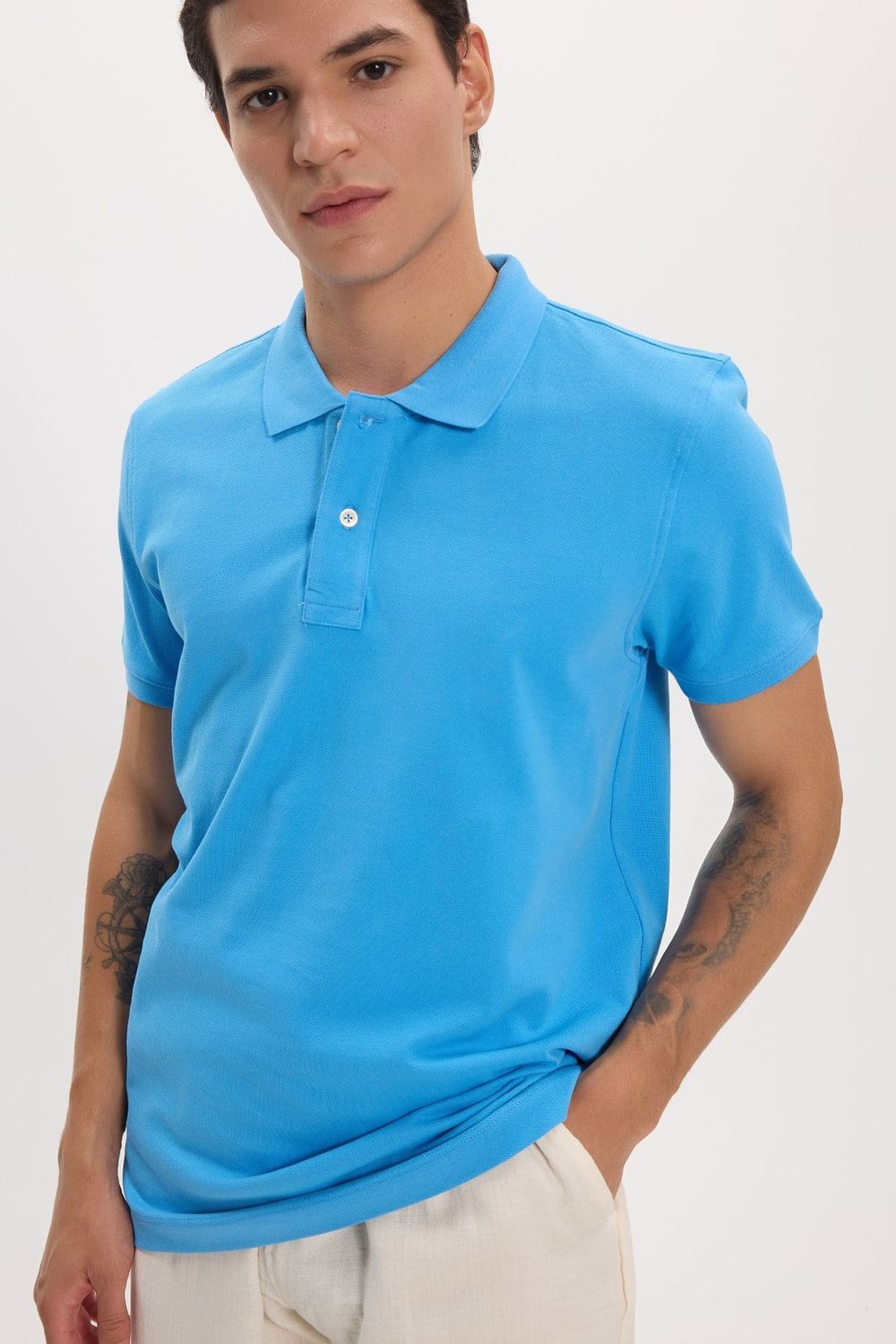 Erkek Slim Fit Dar Kesim Premium Seri %100 Pamuk Yumuşak Dokulu Merserize Mavi Polo Yaka Tişört 