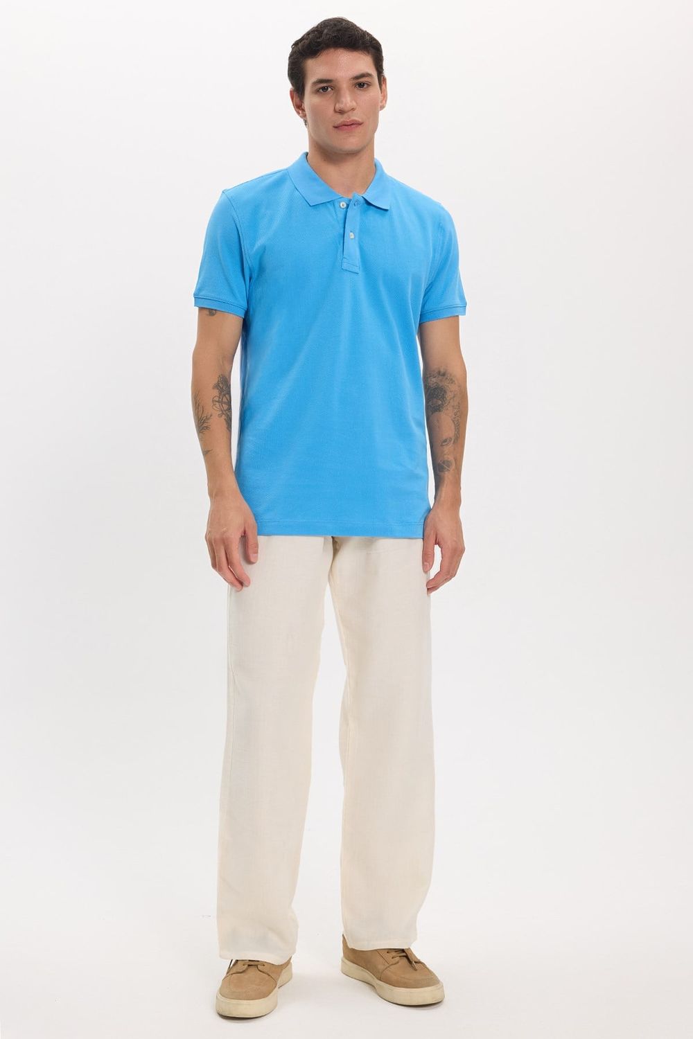 Erkek Slim Fit Dar Kesim Premium Seri %100 Pamuk Yumuşak Dokulu Merserize Mavi Polo Yaka Tişört 