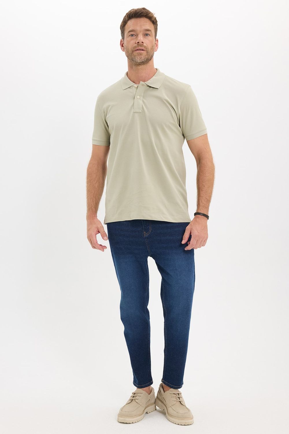 Erkek Slim Fit Dar Kesim Premium Seri %100 Pamuk Yumuşak Dokulu Merserize Krem Polo Yaka Tişört 