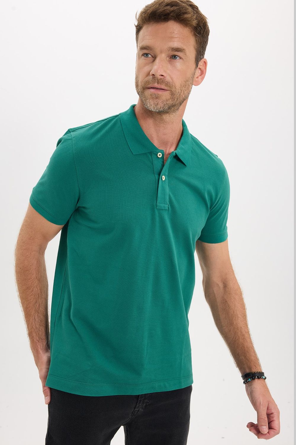 Erkek Slim Fit Dar Kesim Premium Seri %100 Pamuk Yumuşak Dokulu Merserize Yeşil Polo Yaka Tişört 
