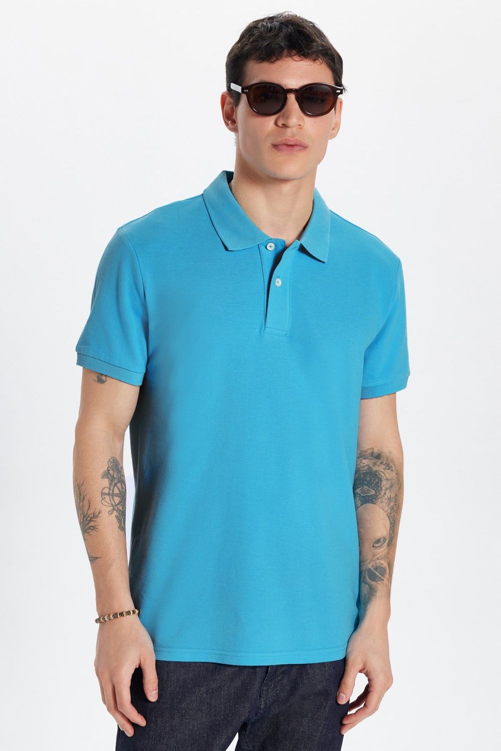 Erkek Slim Fit Dar Kesim Premium Seri %100 Pamuk Yumuşak Dokulu Merserize Mavi Polo Yaka Tişört 