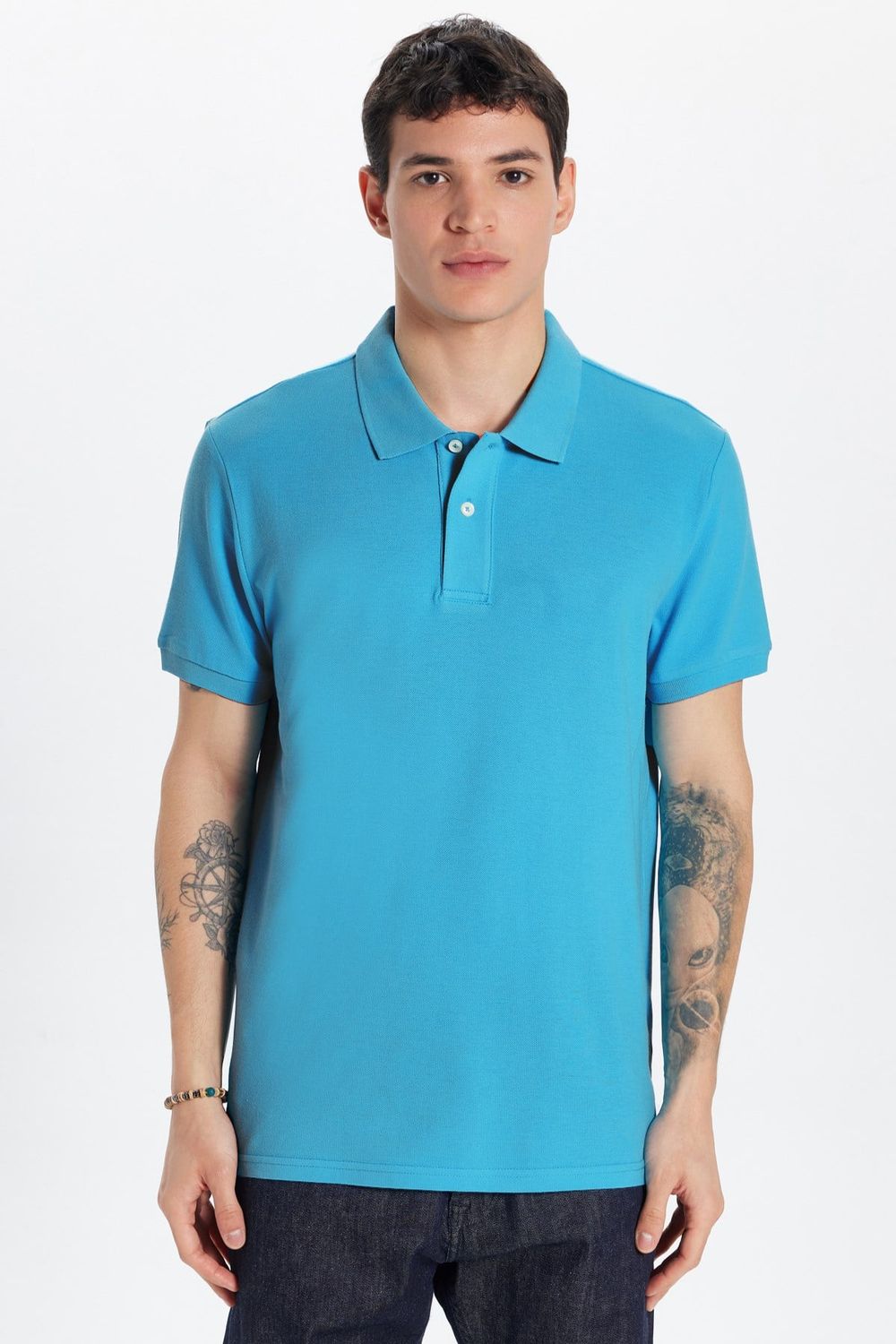 Erkek Slim Fit Dar Kesim Premium Seri %100 Pamuk Yumuşak Dokulu Merserize Mavi Polo Yaka Tişört 