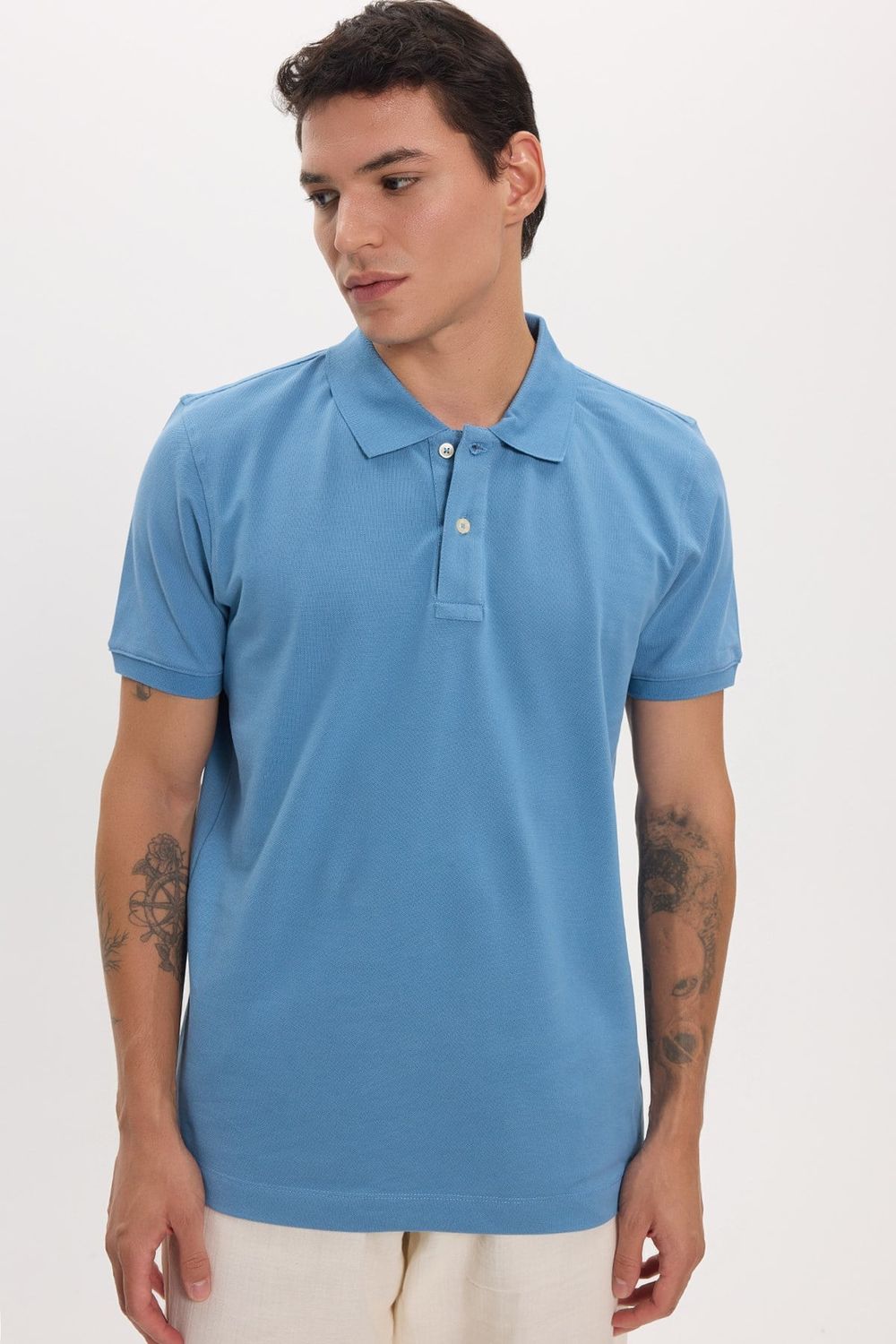 Erkek Slim Fit Dar Kesim Premium Seri %100 Pamuk Yumuşak Dokulu Merserize Mavi Polo Yaka Tişört 