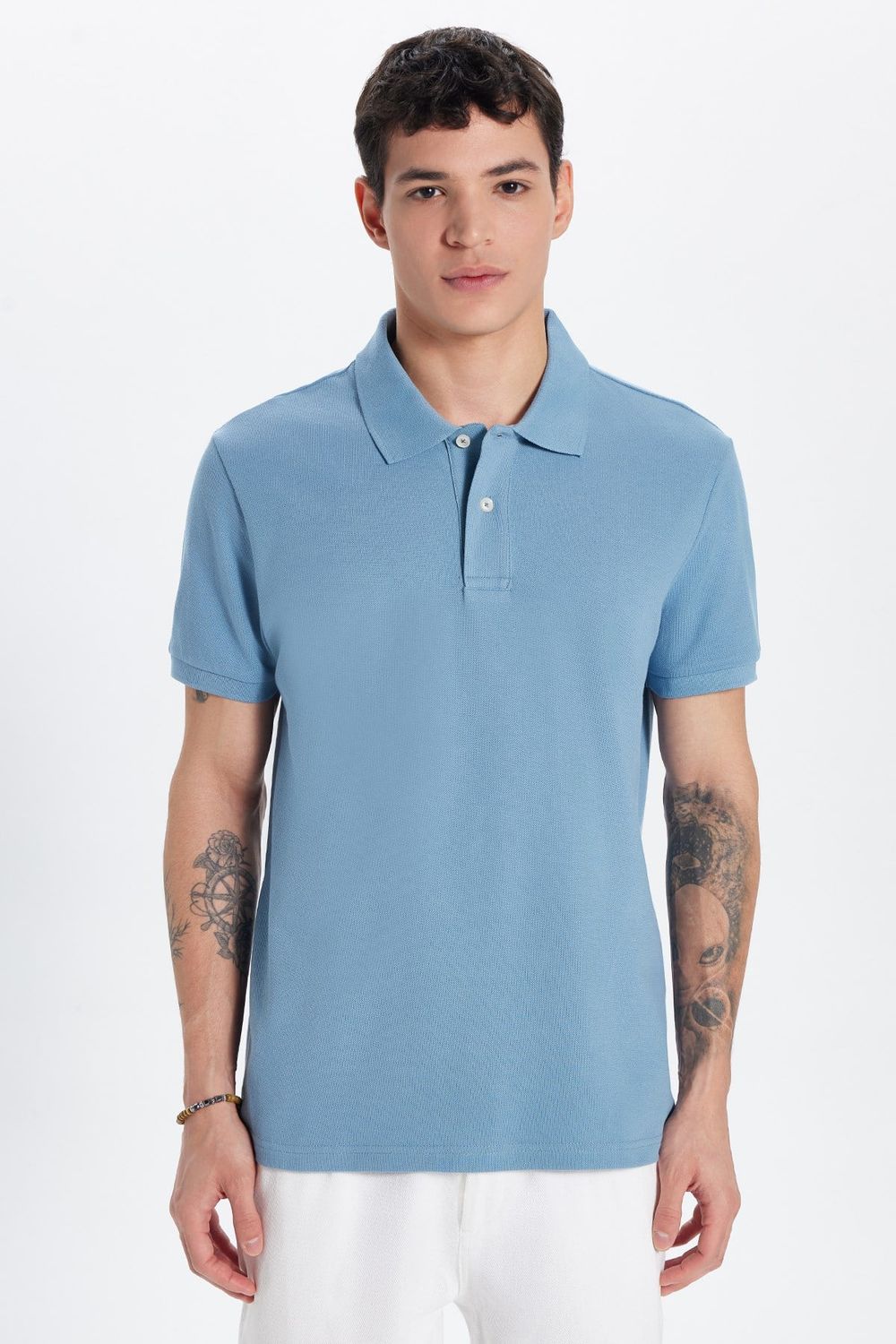 Erkek Slim Fit Dar Kesim Premium Seri %100 Pamuk Yumuşak Dokulu Merserize Mavi Polo Yaka Tişört 