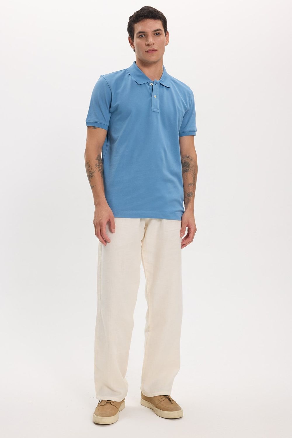 Erkek Slim Fit Dar Kesim Premium Seri %100 Pamuk Yumuşak Dokulu Merserize Mavi Polo Yaka Tişört 