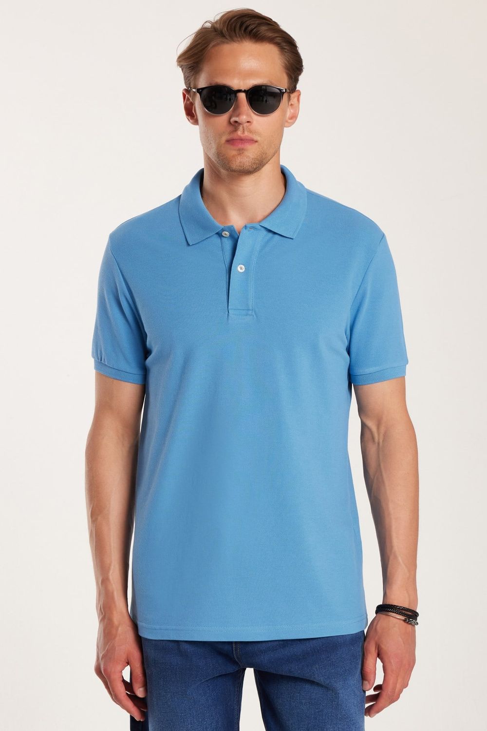 Erkek Slim Fit Dar Kesim Premium Seri %100 Pamuk Yumuşak Dokulu Merserize Mavi Polo Yaka Tişört 