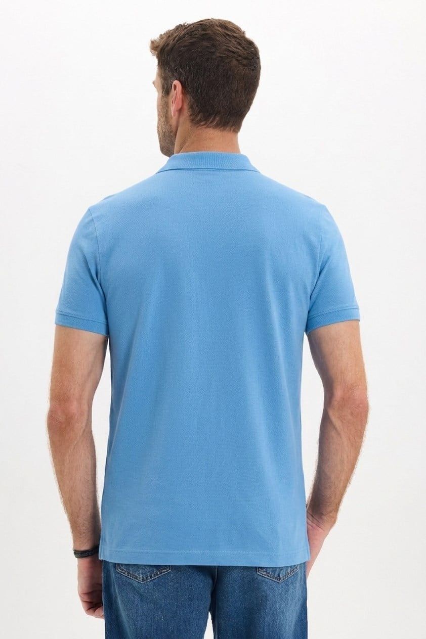 Erkek Slim Fit Dar Kesim Premium Seri %100 Pamuk Yumuşak Dokulu Merserize Mavi Polo Yaka Tişört 