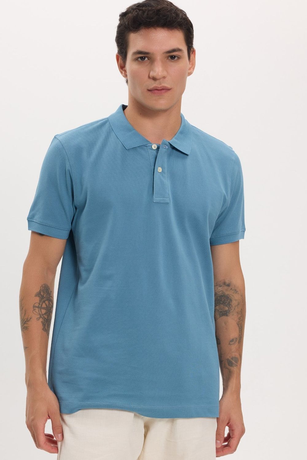 Erkek Slim Fit Dar Kesim Premium Seri %100 Pamuk Yumuşak Dokulu Merserize İndigo Polo Yaka Tişört 