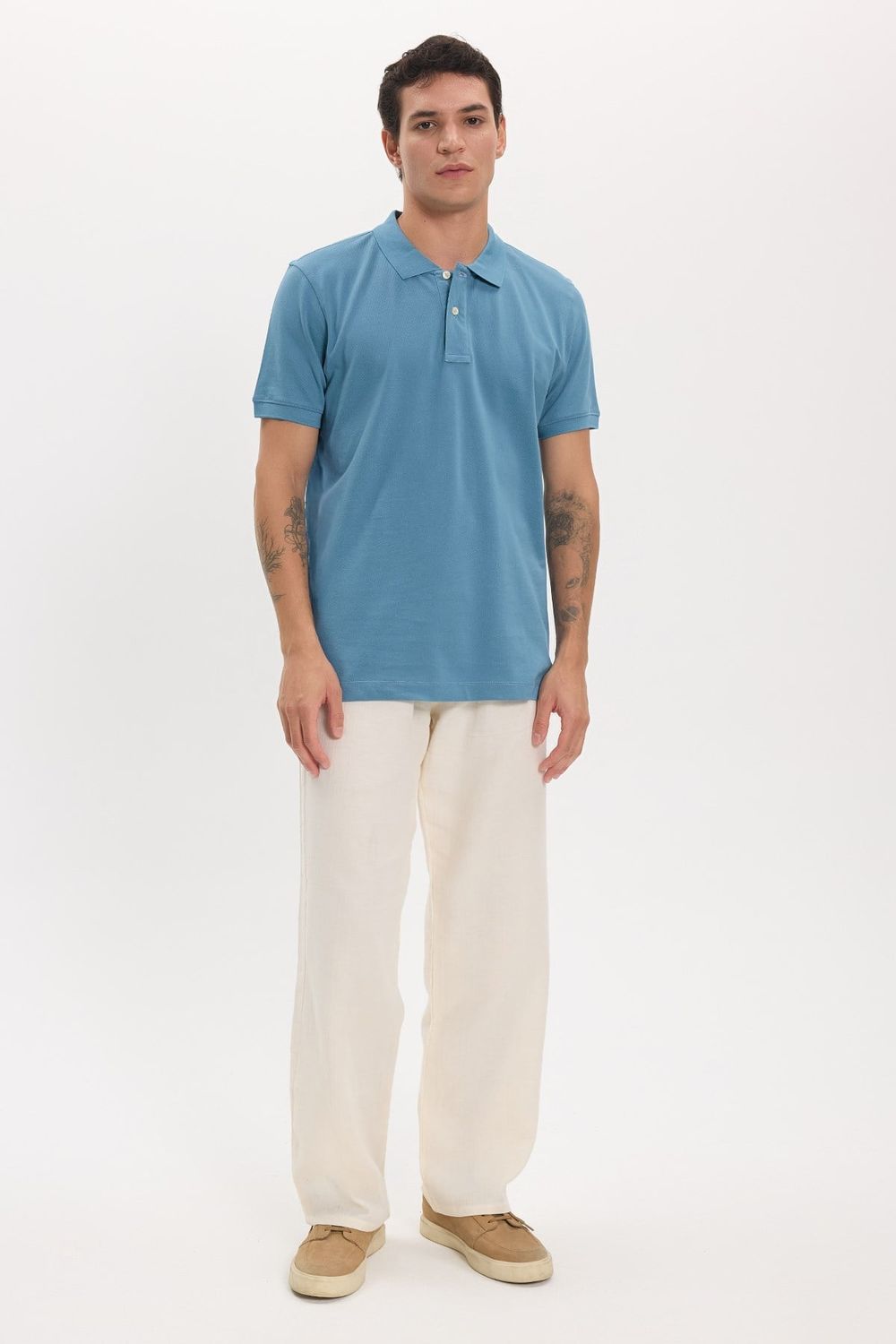 Erkek Slim Fit Dar Kesim Premium Seri %100 Pamuk Yumuşak Dokulu Merserize İndigo Polo Yaka Tişört 