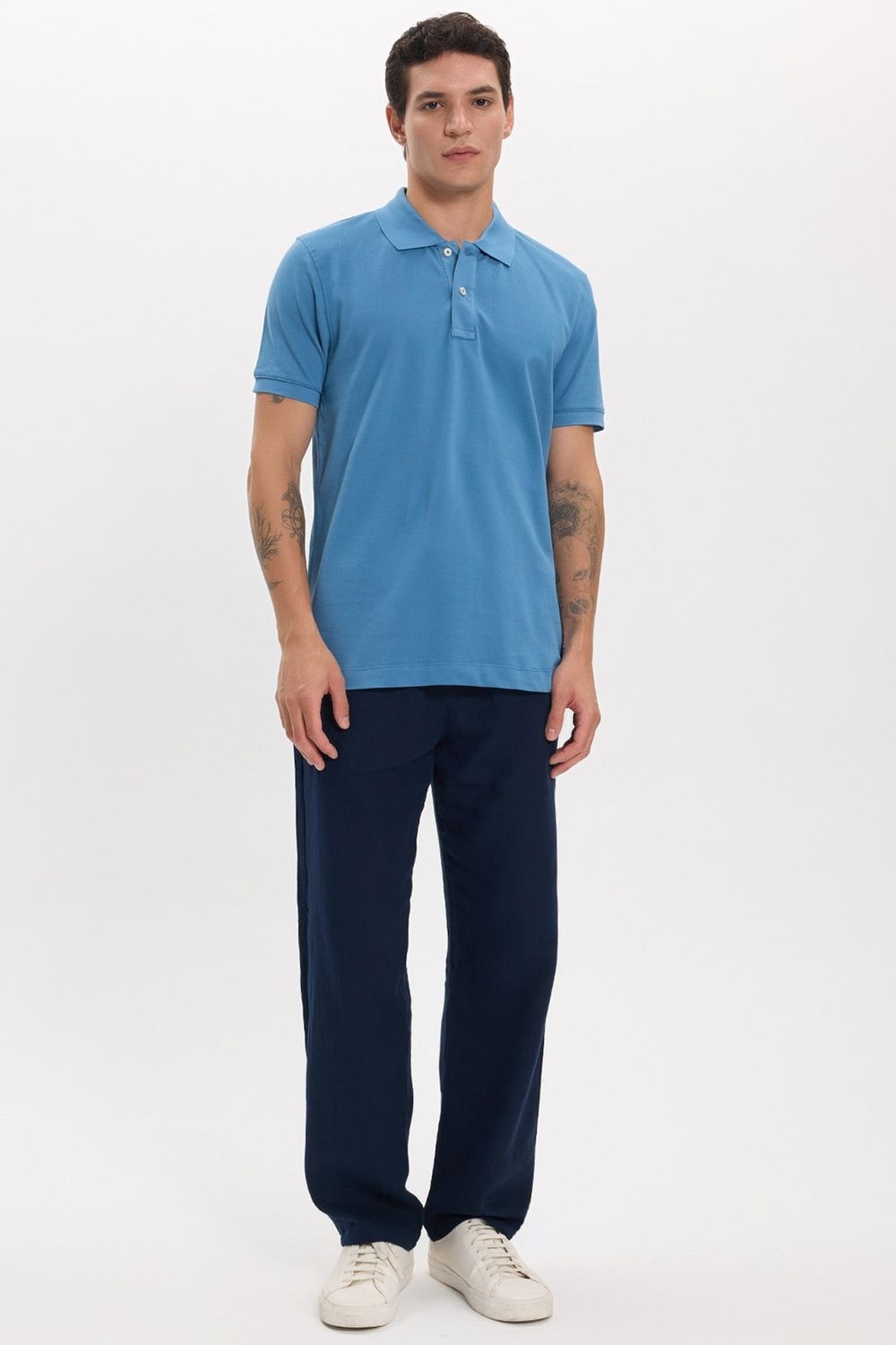 Erkek Slim Fit Dar Kesim Premium Seri %100 Pamuk Yumuşak Dokulu Merserize İndigo Polo Yaka Tişört 