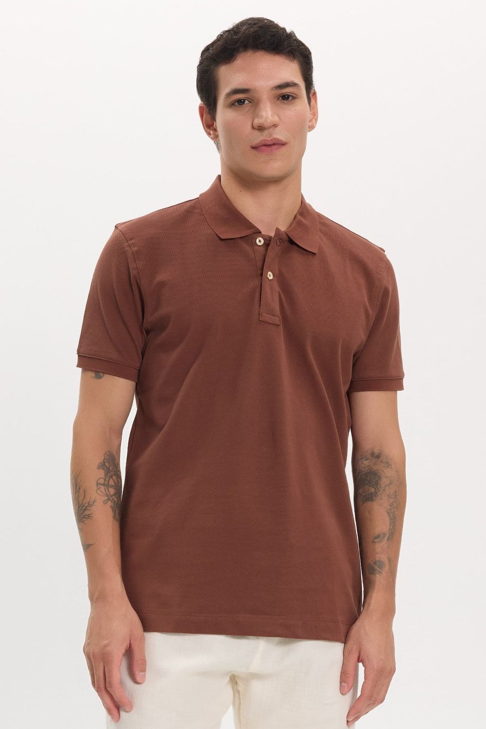 Erkek Slim Fit Dar Kesim Premium Seri %100 Pamuk Yumuşak Dokulu Merserize Kahverengi Polo Yaka Tişört 
