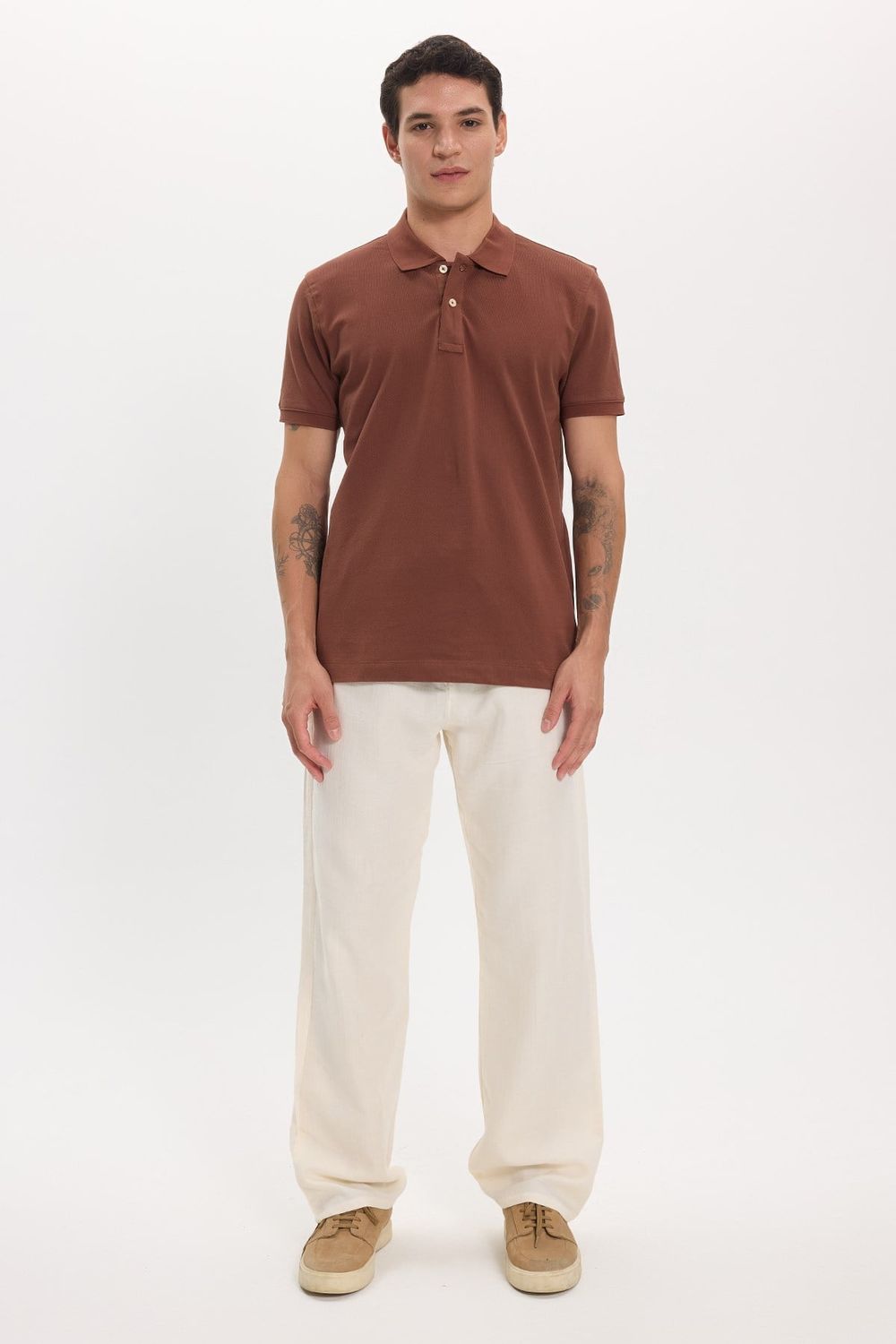 Erkek Slim Fit Dar Kesim Premium Seri %100 Pamuk Yumuşak Dokulu Merserize Kahverengi Polo Yaka Tişört 