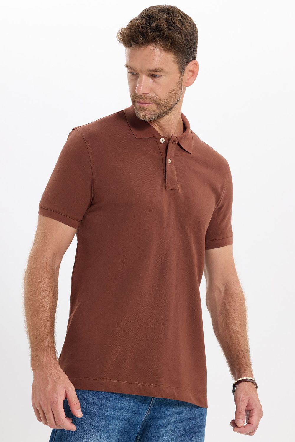 Erkek Slim Fit Dar Kesim Premium Seri %100 Pamuk Yumuşak Dokulu Merserize Kahverengi Polo Yaka Tişört 