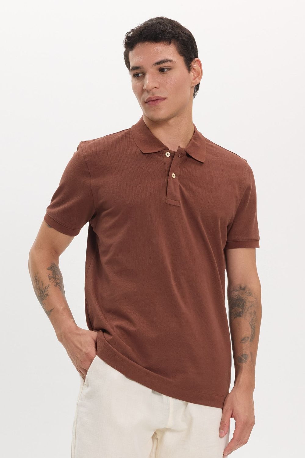 Erkek Slim Fit Dar Kesim Premium Seri %100 Pamuk Yumuşak Dokulu Merserize Kahverengi Polo Yaka Tişört 