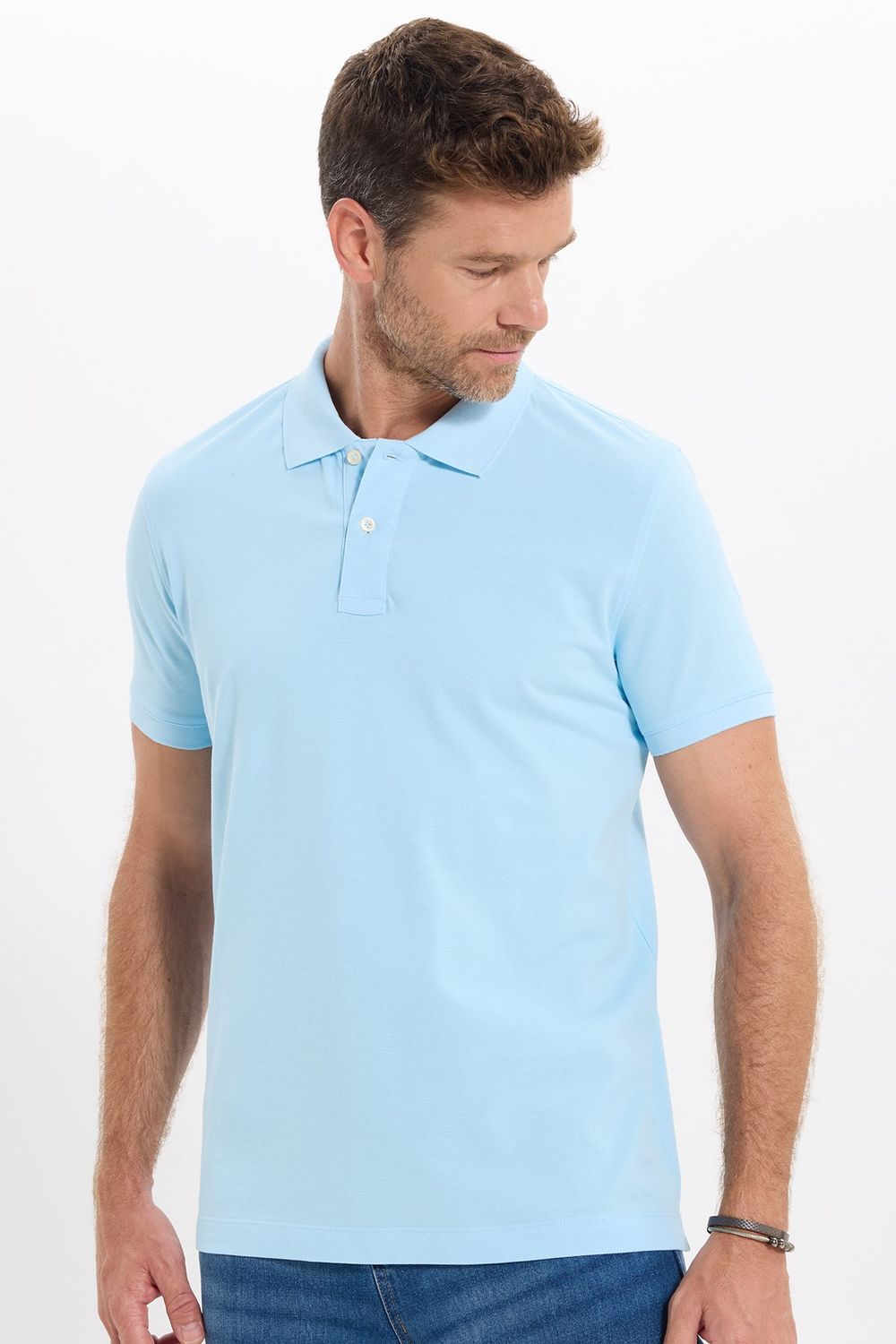 Erkek Slim Fit Dar Kesim Premium Seri %100 Pamuk Yumuşak Dokulu Merserize Mavi Polo Yaka Tişört 