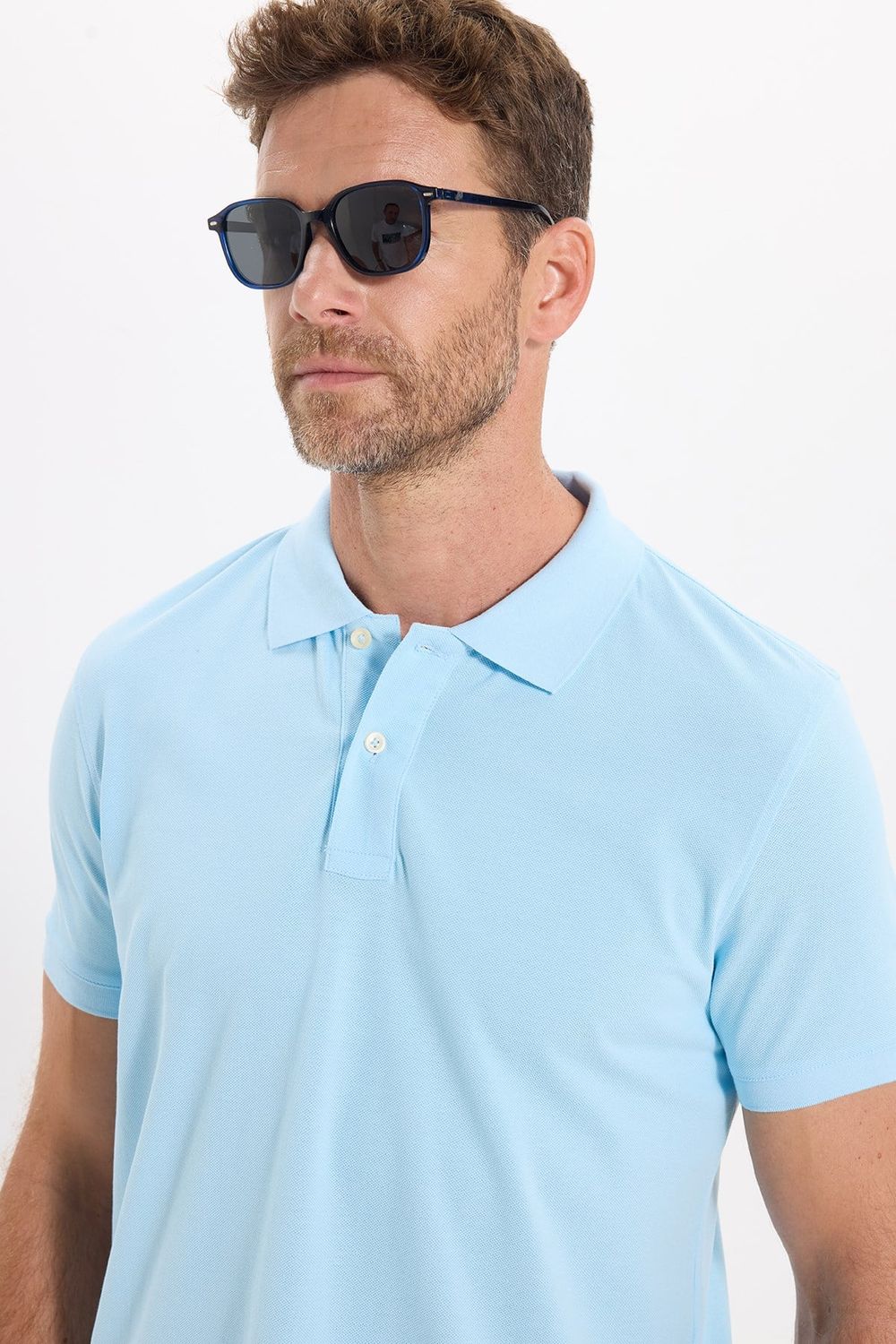 Erkek Slim Fit Dar Kesim Premium Seri %100 Pamuk Yumuşak Dokulu Merserize Mavi Polo Yaka Tişört 